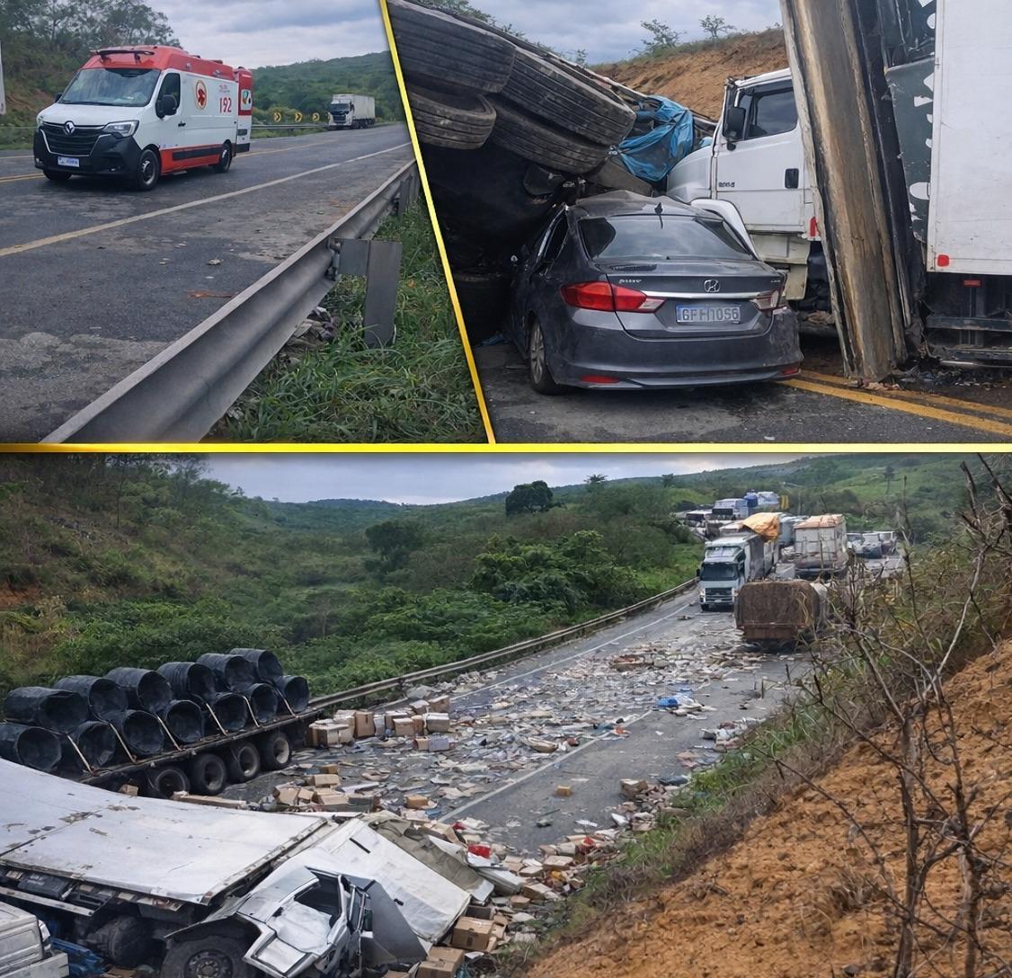 7 pessoas ficam feridas em grave acidente envolvendo sete veículos na BR-116, em Brejões