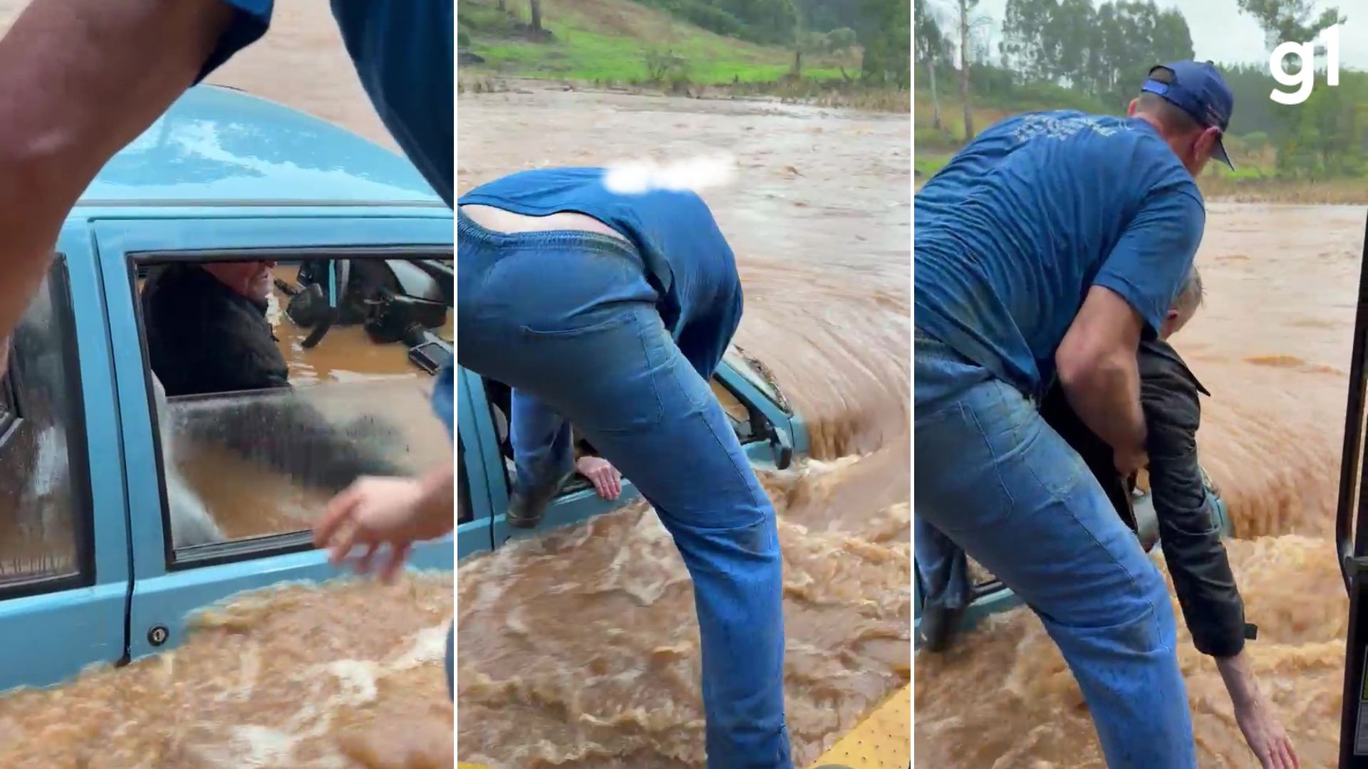 VÍDEO: Homem é resgatado de carro submerso durante forte chuva no RS