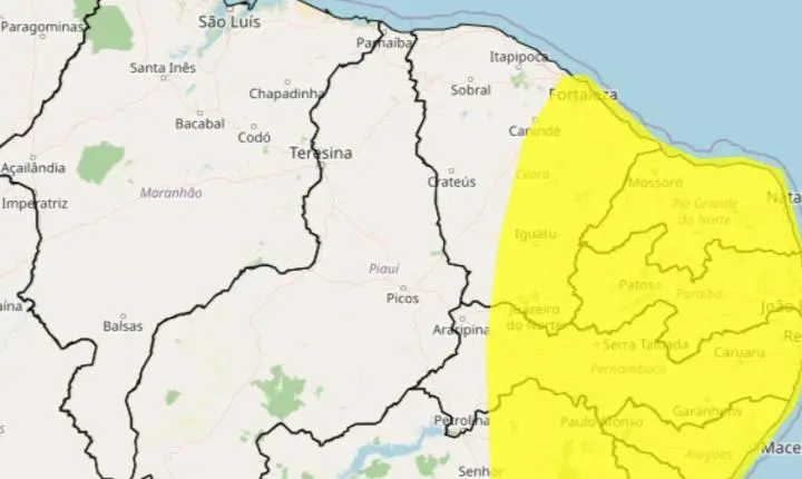 Chuvas intensas: Inmet emite alerta amarelo para 94 municípios do interior de PE