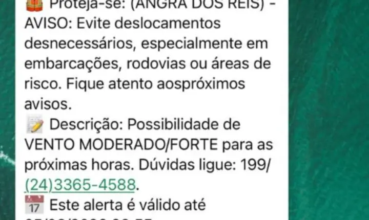 Defesa Civil alerta para possibilidade de vendaval para esta quarta-feira em Angra dos Reis