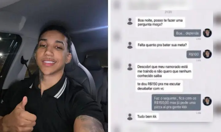 Motorista de app que recebeu proposta em dinheiro para ouvir história de traição e preferiu pizza estava a R$ 100 de bater a meta