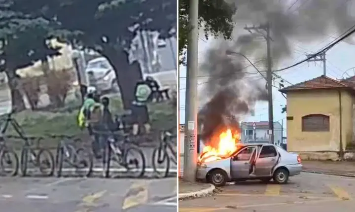 VÍDEO: carro pega fogo após bater em poste no interior de SP; dupla fica ferida